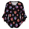thumbnail image 5 of Gradient Color Dog Paws On Black Background Women's V-Neck Blouse With 3/4 Ruffled Bell Sleeves Casual Top Ladies Blouses, 5 of 7