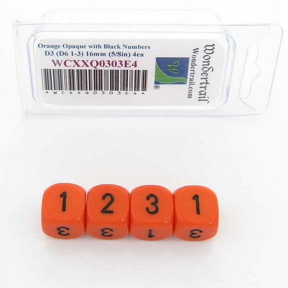 Orange Opaque Dice with Black Numbers D3 (D6 1-3 Twice) 16mm (5/8in) Pack of 4 Wondertrail