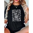 thumbnail image 1 of Women Crewneck Print Short Sleeve T-Shirts Summer Tees Loose Fit Graphic TopsHalloween Skull & Letter Print Short Sleeve Crew Neck T-shirt, Casual Sports Short Sleeve Crew Neck Summer Top, Women's, 1 of 6