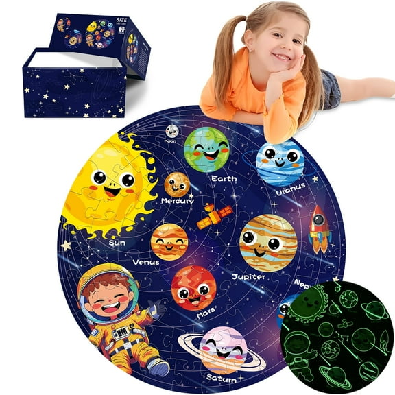 Hanerdun Floor Puzzles for Kids Ages 3-8 70 Piece Glow in The Dark Solar System Space Planets Toys Round Large Jigsaw Puzzle Educational Toy Birthday Gifts for Boys Girls