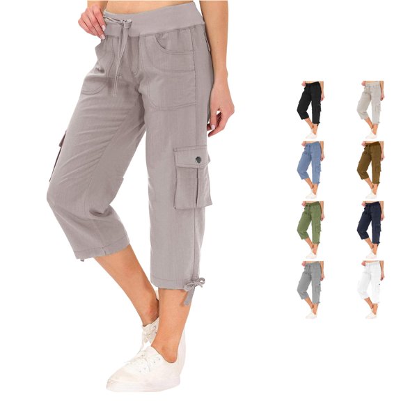 CAIVO Women Capris Pants Summer Solid Color Loose Drawstring Slacks Pocket Cargo Pants Calf Length Leisure Bottoms