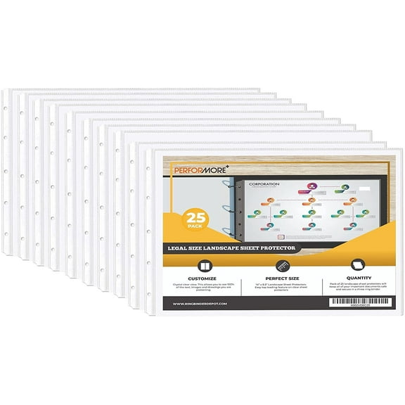PERFORMORE 25 Pack of 8.5” x 14” Heavyweight Landscape Sheet Protectors, Legal Paper Sleeves, Clear Archival Quality, Horizontal Legal Size Clear Sheet Protectors for Binders Documents