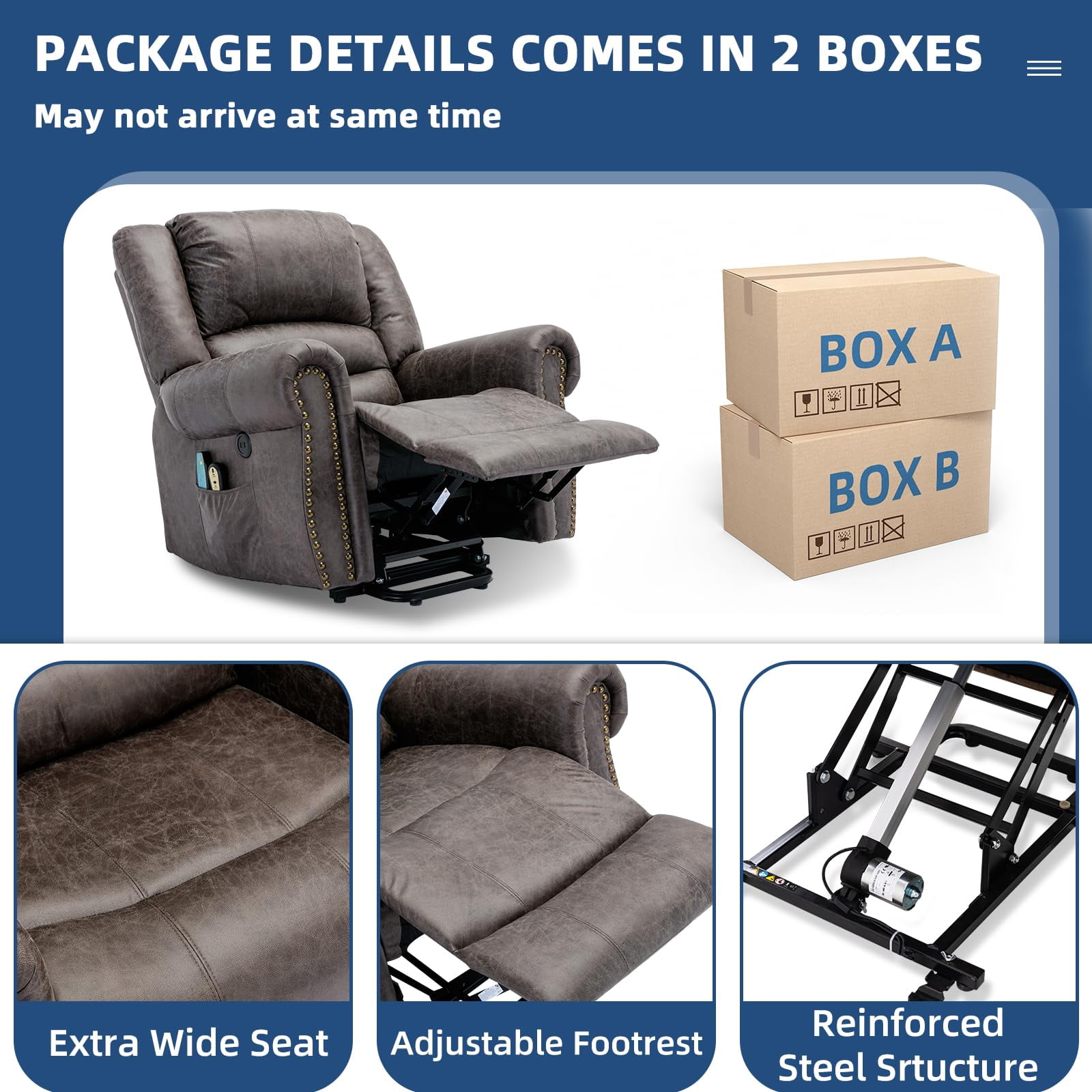 SOCIALCOMFY Power Lift Recliner Chair for Elderly with Massage and Heat, Electric Recliner Chair with Rivet Decoration, 2 Remote Controls, Side Pockets & USB Ports for Home, Office (Smoky Gray)