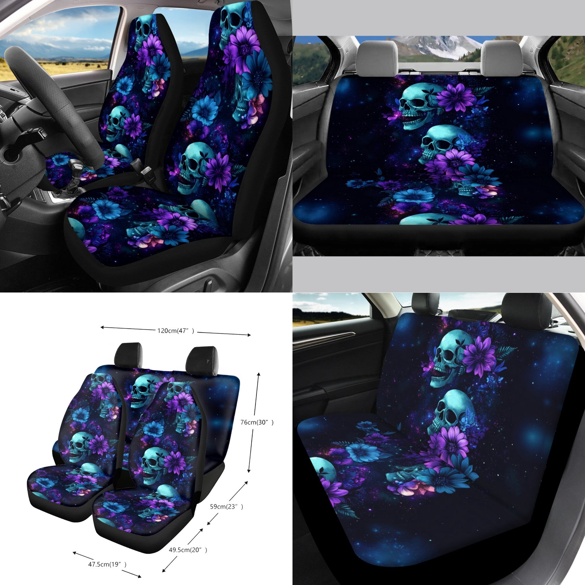 LedBack Skull Flower Print Car Seat Cover Sets Full Set Universal Car Front Back Seat Cover Safety Belt Pads Rear View Mirror Protector Trash Can Cup Cushions for Truck SUV Sedan