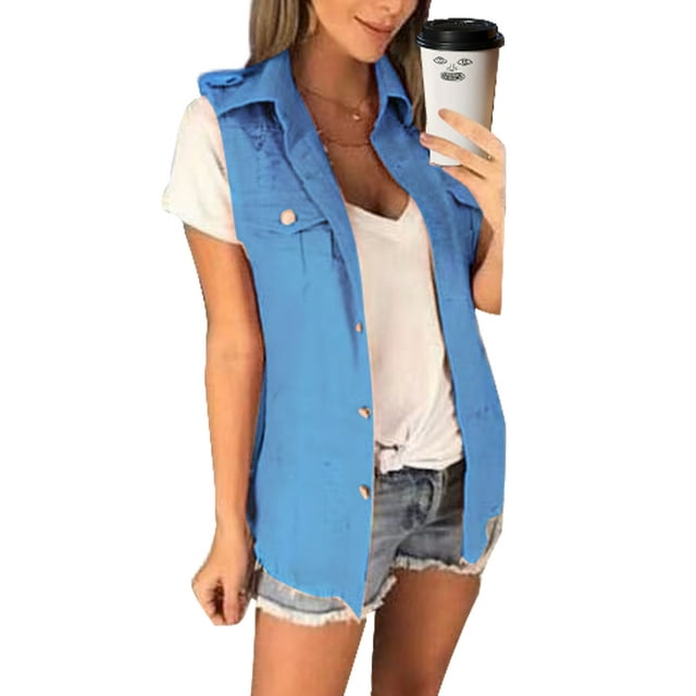 LUXUR Ladies Vest Lapel Collar Tanks Button Down Coat Comfortable Denim Solid Color Outwear Top Sky Blue S