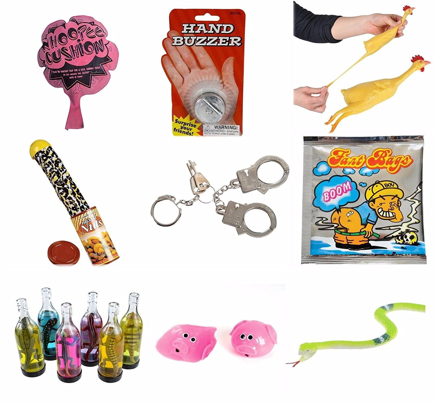 9 ALL TIME BEST TRICKS AND GAGS WHOOPEE CUSHION, SNAKE IN NUT CAN, HAND