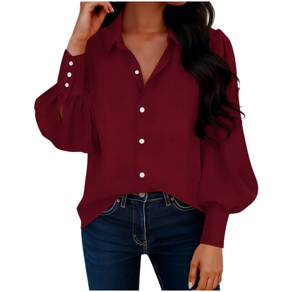 Dressy Casual Tops for Women Button Down Shirt Puff Long Sleeve Lapel Collar Blouse Business Work Office Wear (XL, Red)