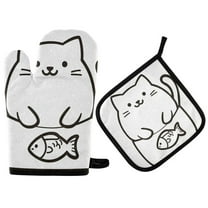 Yayeee Oven Mitts and Pot Holder Set of 2 Heat Resistant Kitchen Gloves Baking Hot Pad, White Chubby Cat