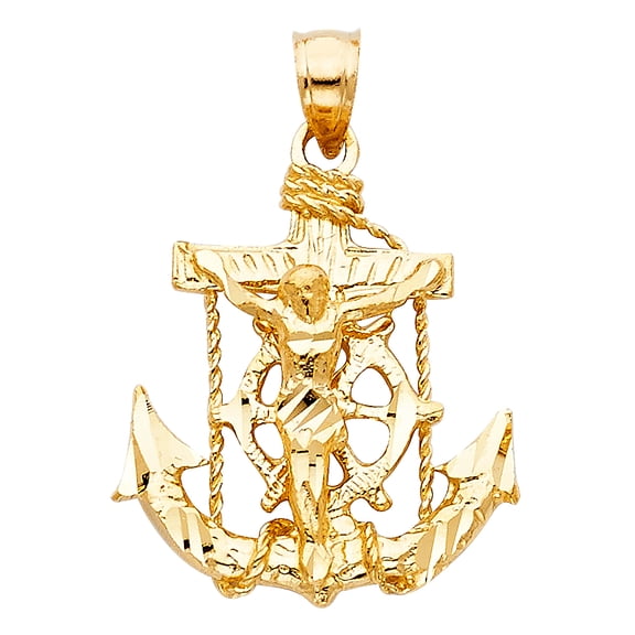 14k Yellow Gold 3D Precision-Cut Holy Christ Crucifix Anchor Cross Pendant Charm Jewelry Female