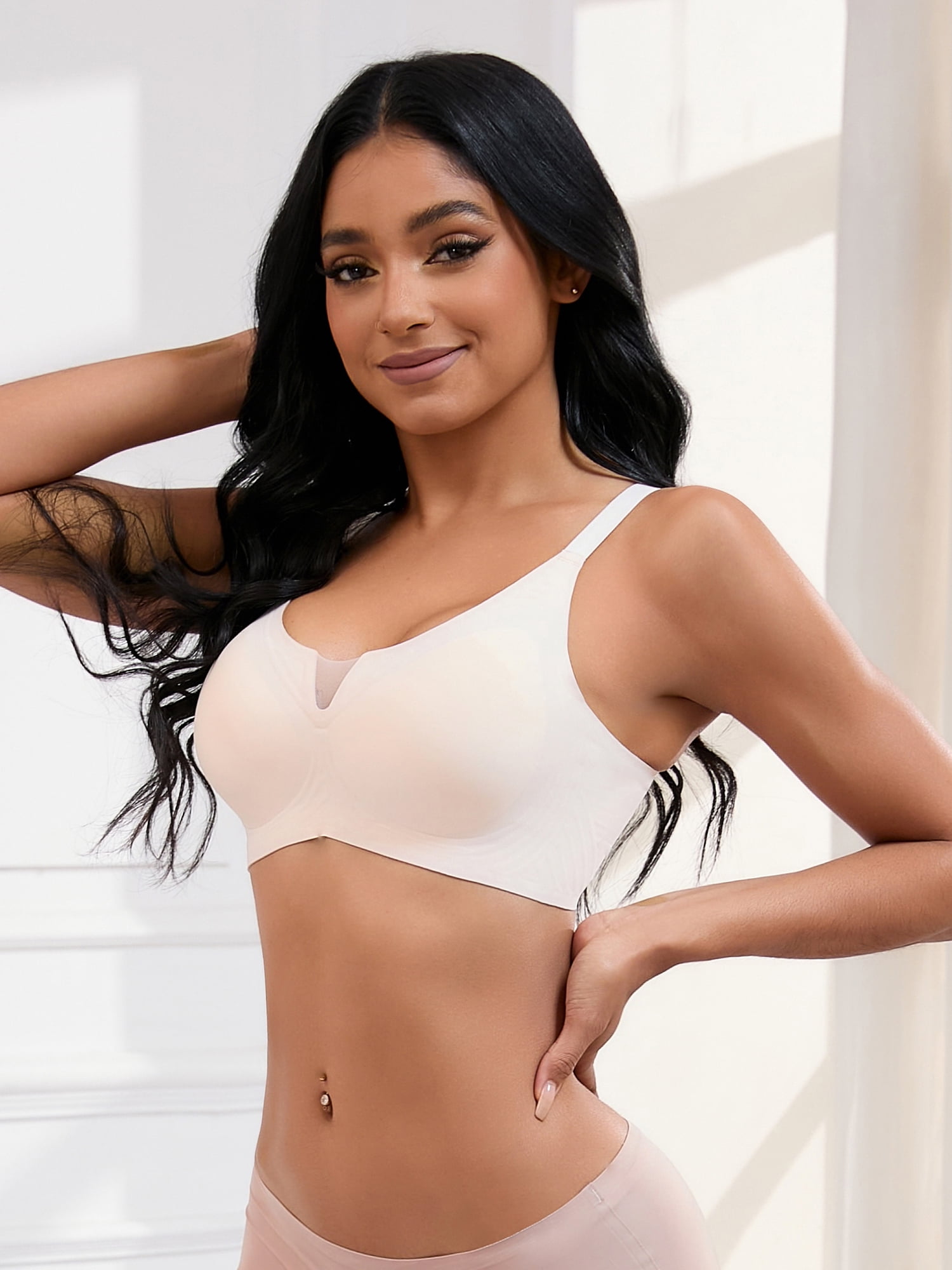 DARING DIVA Women's Push Up Mesh Wirefree Bras Adjustable Straps Padded Bras L Beige