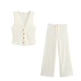 thumbnail image 4 of HH TRAF Traje de pantalón de moda para mujer, escote en V, botonadura sencilla, textura, chaleco informal, top + elegantes pantalones de pierna ancha con cordón y cintura alta, 4 of 5