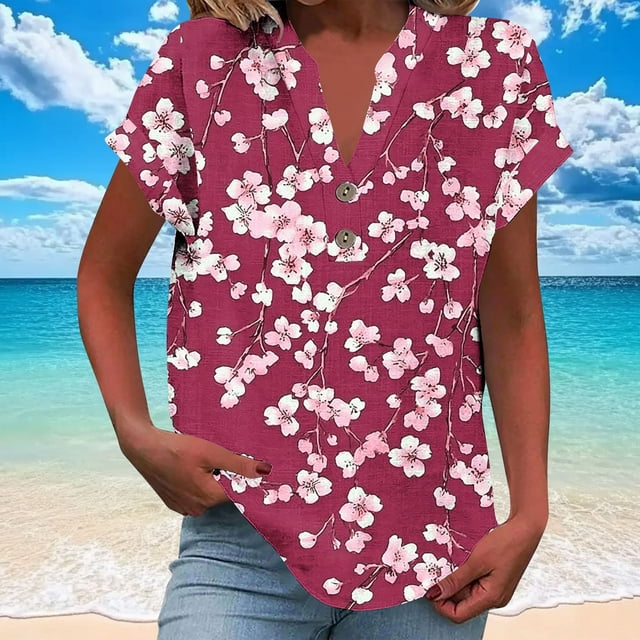 Mujeres Camisas de Verano Mujeres Casual Impreso Manga Corta Botón Inicio V-Cuello Camiseta Blusas Trendy Floral Suave Algodón Lino Tops