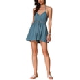 thumbnail image 2 of INSPIRE CHIC Women's Beach Halter V Neck Wide Leg with Crochet Panel Short Romper XS Lake Green, 2 of 6