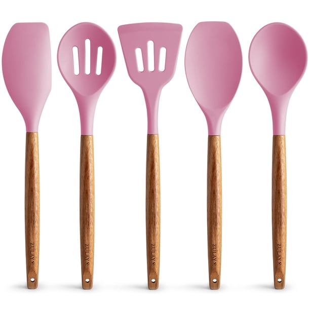 Zulay Juego De Utensilios De Cocina - Juego De Utensilios De Cocina De Silicona Antiadherente Con Mangos De Madera De Acacia Auténtica - Juego De Utensilios De Cocina De Silicona De 5 Piezas - Juego D