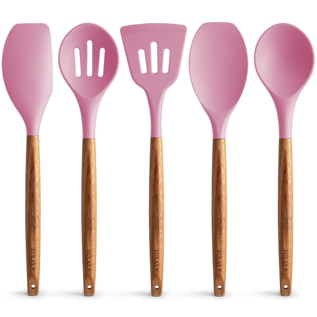 Zulay Juego De Utensilios De Cocina - Juego De Utensilios De Cocina De Silicona Antiadherente Con Mangos De Madera De Acacia Auténtica - Juego De Utensilios De Cocina De Silicona De 5 Piezas - Juego D