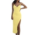 thumbnail image 2 of Wycnly Dresses for Women Sexy High Slit Spaghetti Strap Ruched Bodycon Night Party Club Dresses Sleeveless V-Neck Solid Summer Long Formal Dress Yellow l, 2 of 6