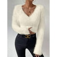 thumbnail image 4 of Women'S Fuzzy Long Sleeve V Neck Crop Sweater Casual Plain Slim Fit Warm Knitwear Sweater Pullovers Apricot M, 4 of 8