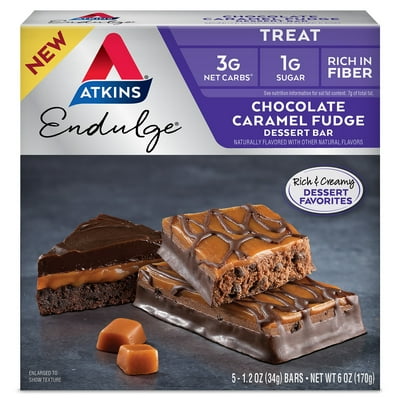 Atkins Endulge Treat, Chocolate Caramel Fudge Dessert Bar, Keto Friendly, 5 Count