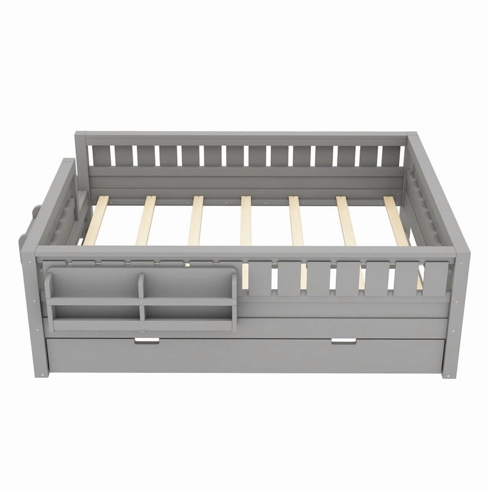 Full Size Low-Profile Kid's Platform Bed with Built-in Bookshelves & Small Staircase, Wooden Bed Frame with Safety Rails & Trundle