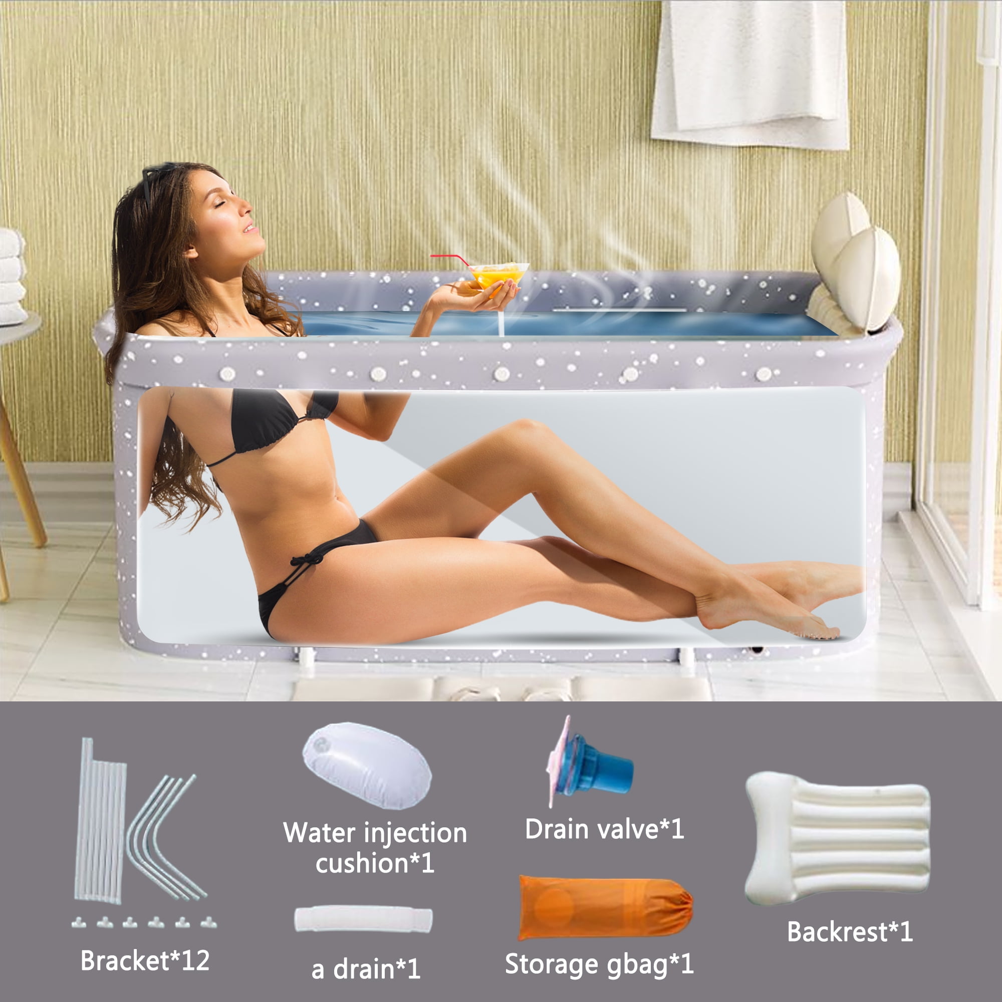 MATHOWAL Portable Bathtub, Foldable Bathtub, Bathtub for Adults, Bathtub  with Water Filling Cushion and Backrest, Suitable for Hot Water Bath and  Ice