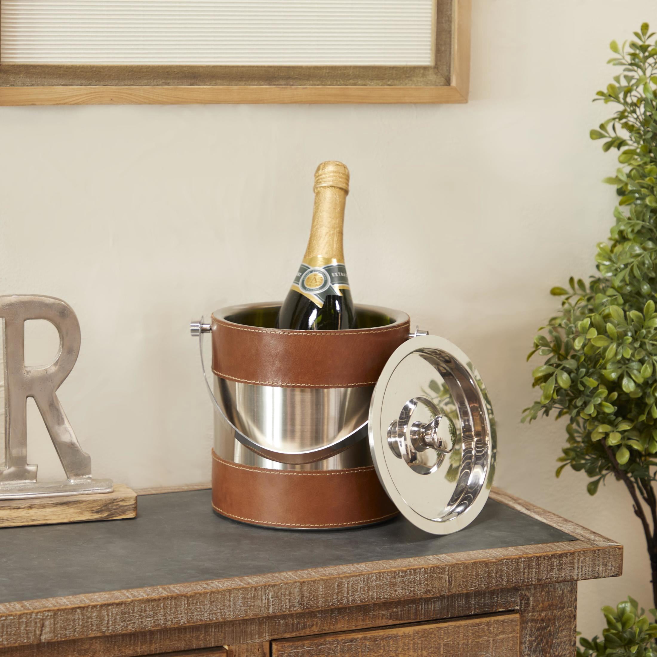 DecMode Round Leather Handmade Brown Ice Bucket with Lid