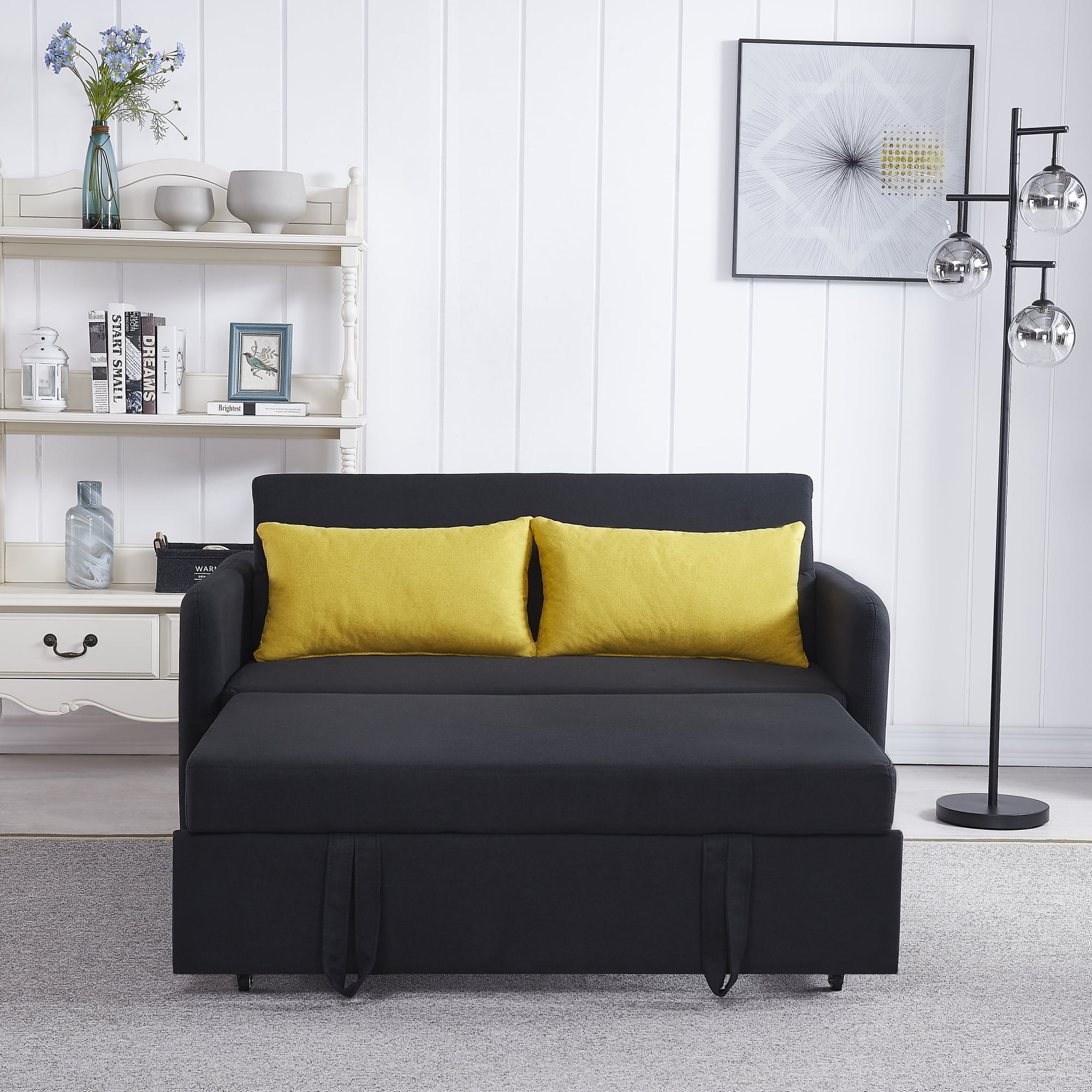 3 in 1 Convertible Sleeper Sofa Bed with Pull Out Bed ,Modern Linen Fabric Upholstered Loveseat Sofa Couch with 2 Pillows and Adjsutable Backrest,Black