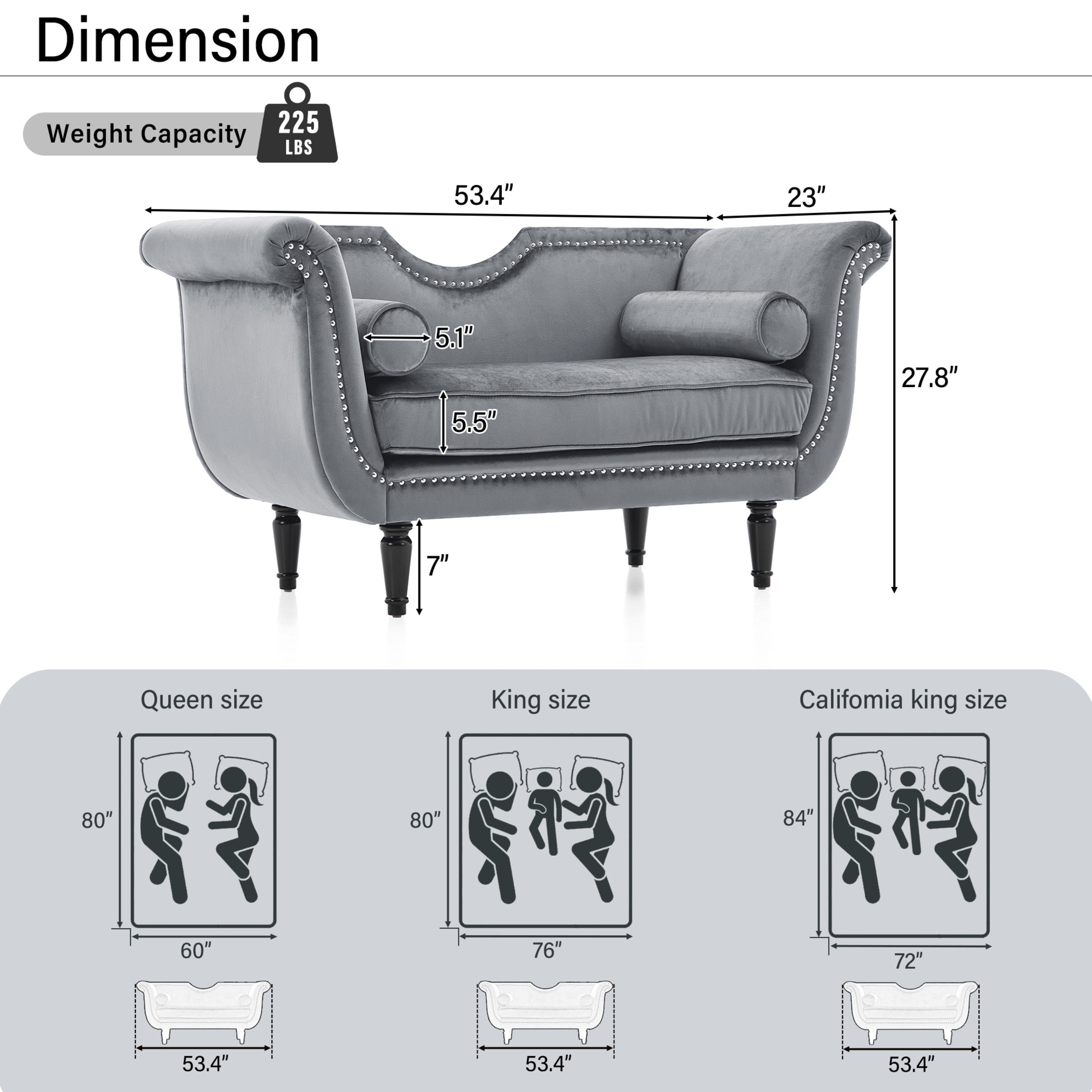 Christopher Knight Home 53" Luxury Velvet Upholstered Bench with Nailhead Trim and Curved Arms, 2 Pillows, Gray