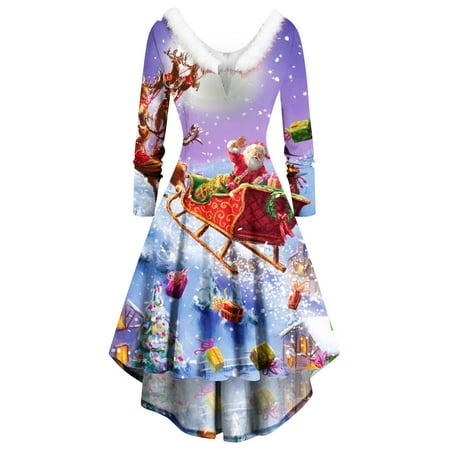 

Honeeladyy Women Long Sleeve Christmas Printed Furry V-Neck Draw Back Swing Party Dress Sales