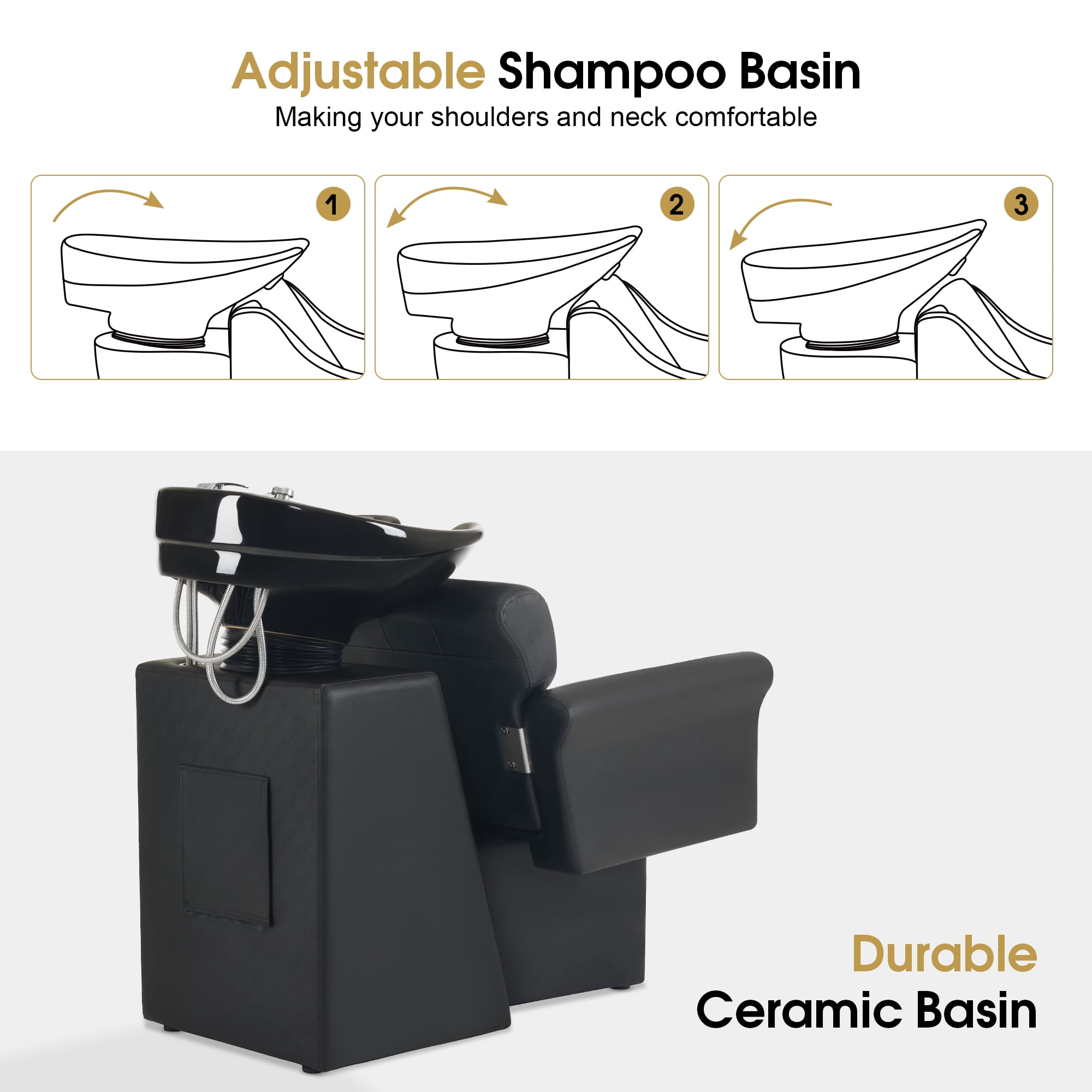 BarberPub Shampoo Chair with Ceramic Bowl Backwash Sink Salon Wash Station(Black)