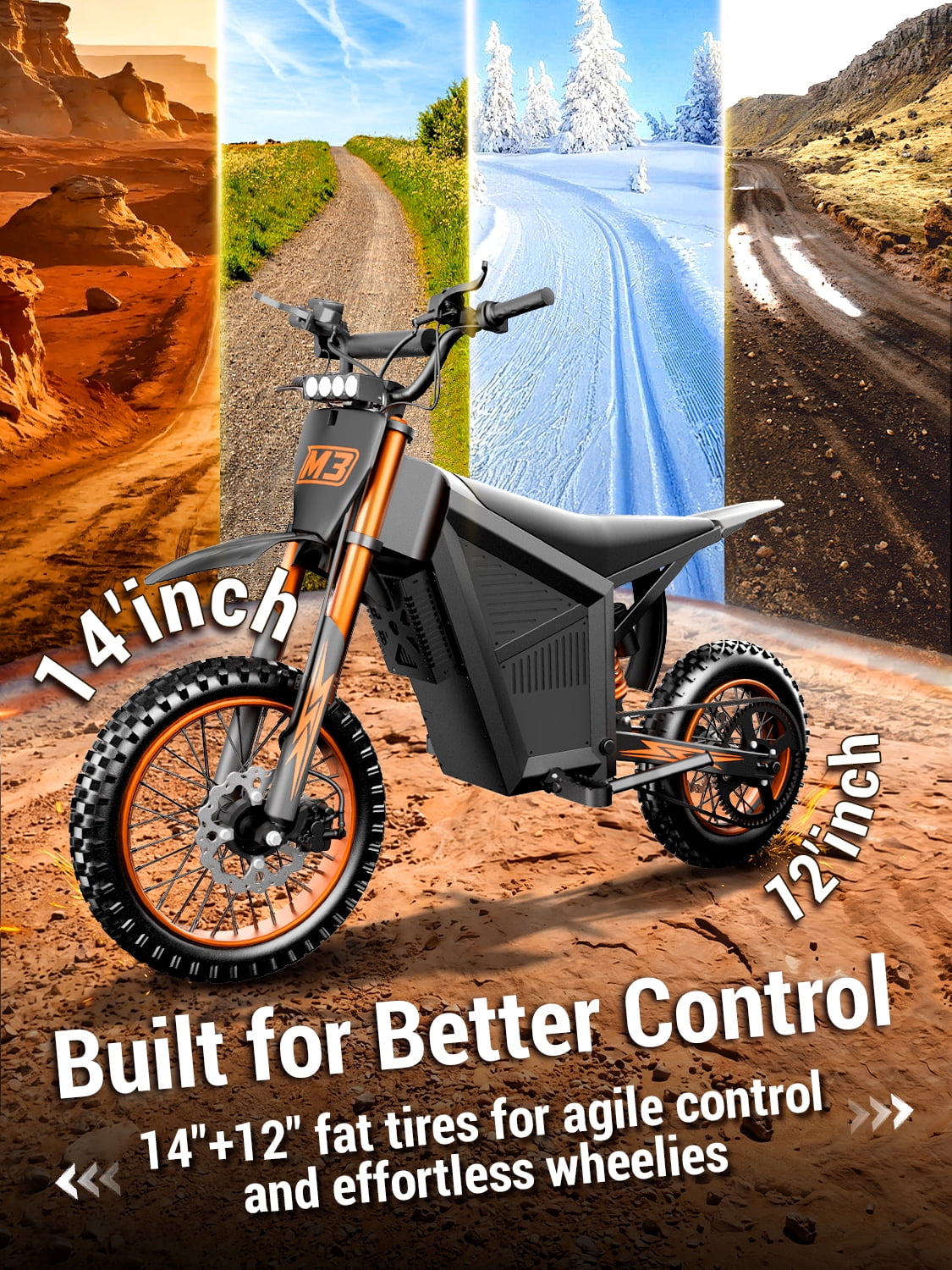 Electric Dirt Bike for Teens Age 13+,3000W 200N·m High Torque, 21AH Battery, 14"/12" Full Suspension Off-Road