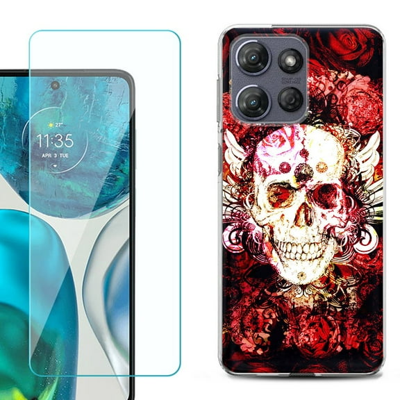 For Motorola Moto G Power 5G 2025 Phone Case Cover with Tempered Glass Screen Protector, by OneToughShield - Rose Skull