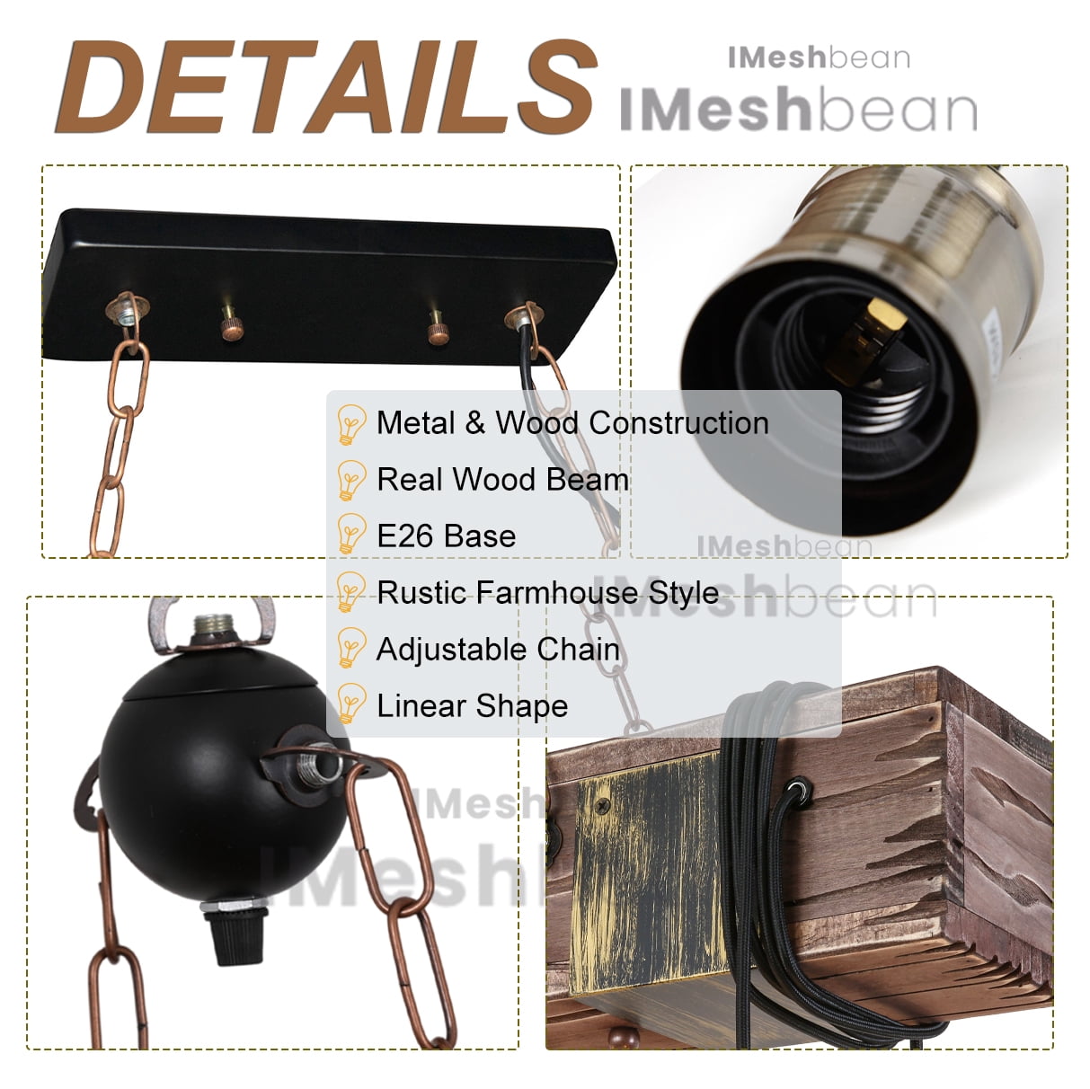 iMeshbean Rustic Chandelier Farmhouse Wood Beam Hanging Industrial Pendant Lighting Vintage Ceiling Light Fixture 6 Heads for Dining Table Kitchen Island Bar Coffee Billiard Pool Table Easy to Install