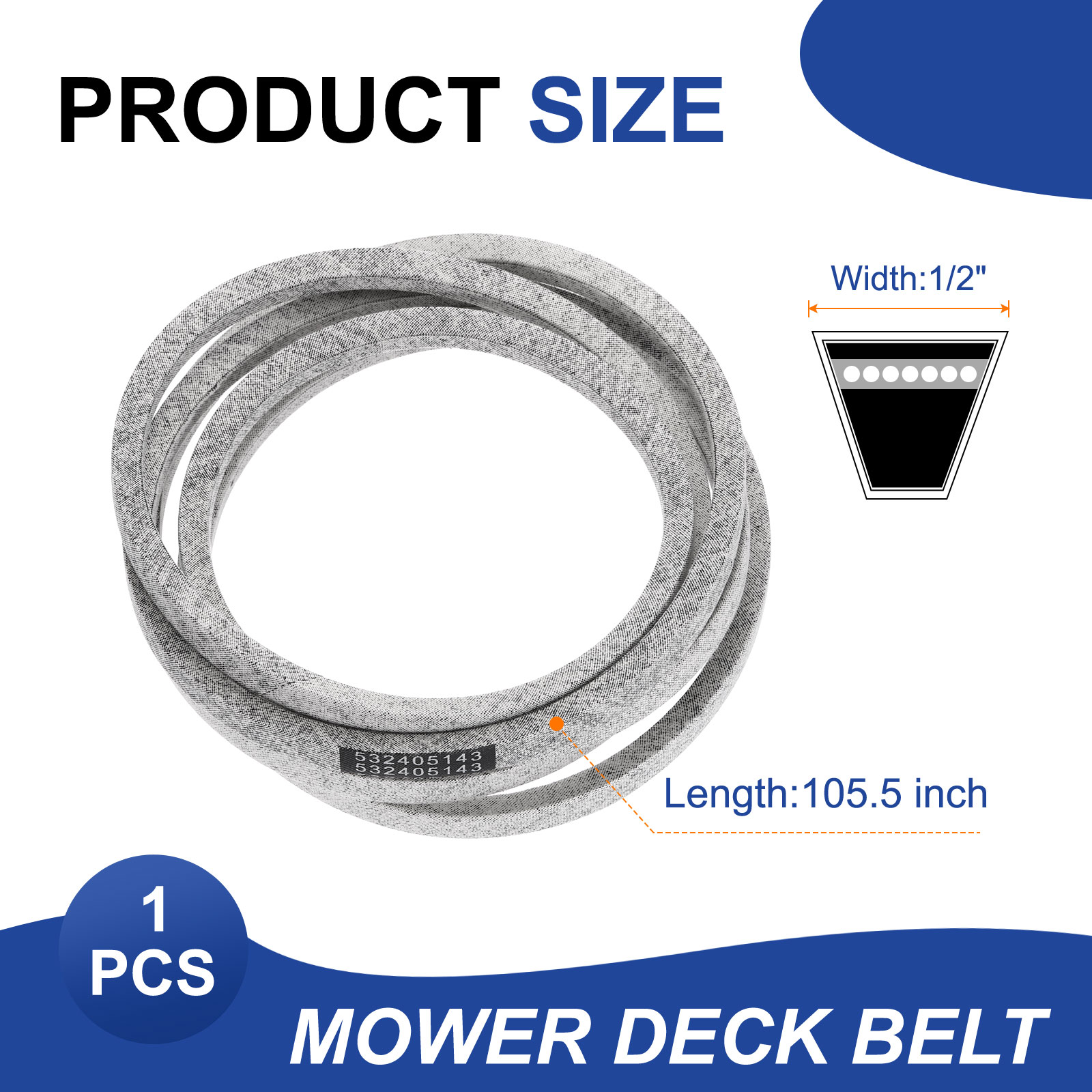 Uxcell Cord Mower Deck Belt 1/2" x 105.5" Aramid Replacement Cord Deck Drive Belt for 405143, 584453101, 532405143, PP21008, 7133156, 575937701, 21546607, Gray