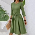 thumbnail image 5 of WTOBBY Women's Classic Solid Color Waistband Round Neck 3/4 Sleeve Dress, Flowy Midi Sundress with Timeless Style for Various Occasions,Army Green L, 5 of 5