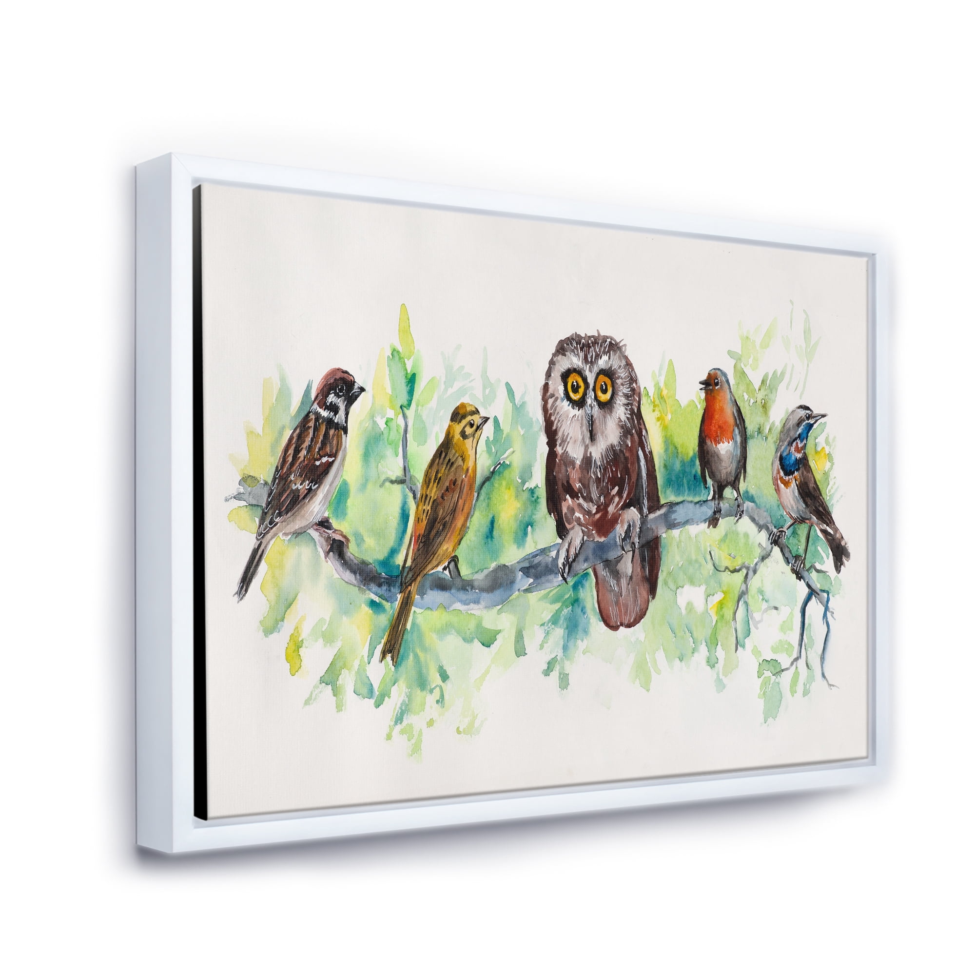 Designart 'Bird Friends With Owl On A Branch' Traditional Framed Canvas Wall Art Print