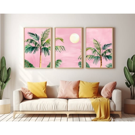 UNFFRAMED Retro Palm Tree Poster, Set Of 3, Boho Tropical Wall Art, Sunset Landscape Decor, Pink Sky Poster, Coastal Travel Artwork, Nature Set 3 Prints 8x12