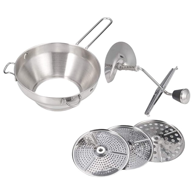 Food Volumetric Food Mill with Hand Crank Stainless Steel Construction for Tomato Mashed Potatoes Soups and Interchangeable Discs—Space-Saving Kitchen Tool with Effortless