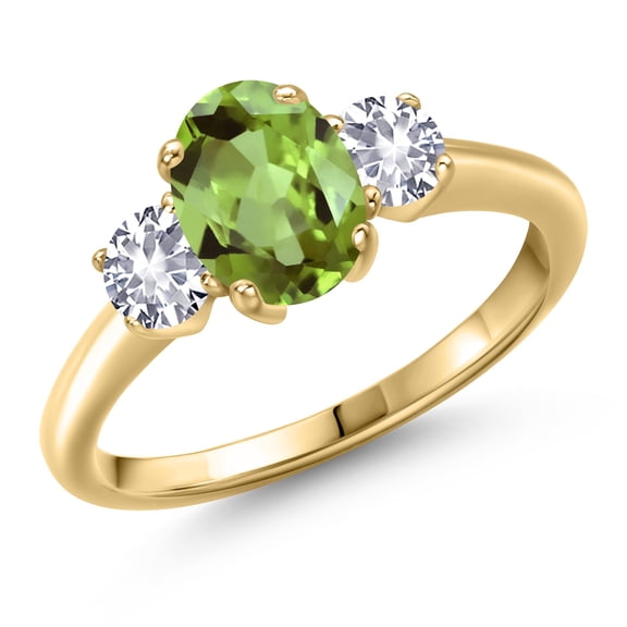 Gem Stone King 10K Yellow Gold Green Peridot and White Created Sapphire Engagement Ring for Women | 1.92 Cttw | Oval 8X6MM | Gemstone August Birthstone | Size 6