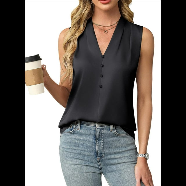 Camiseta Sin Mangas de Verano para Mujer, de Satén de Seda, con Cuello en V, Informal, de Negocios, Color Negro, Talla XL