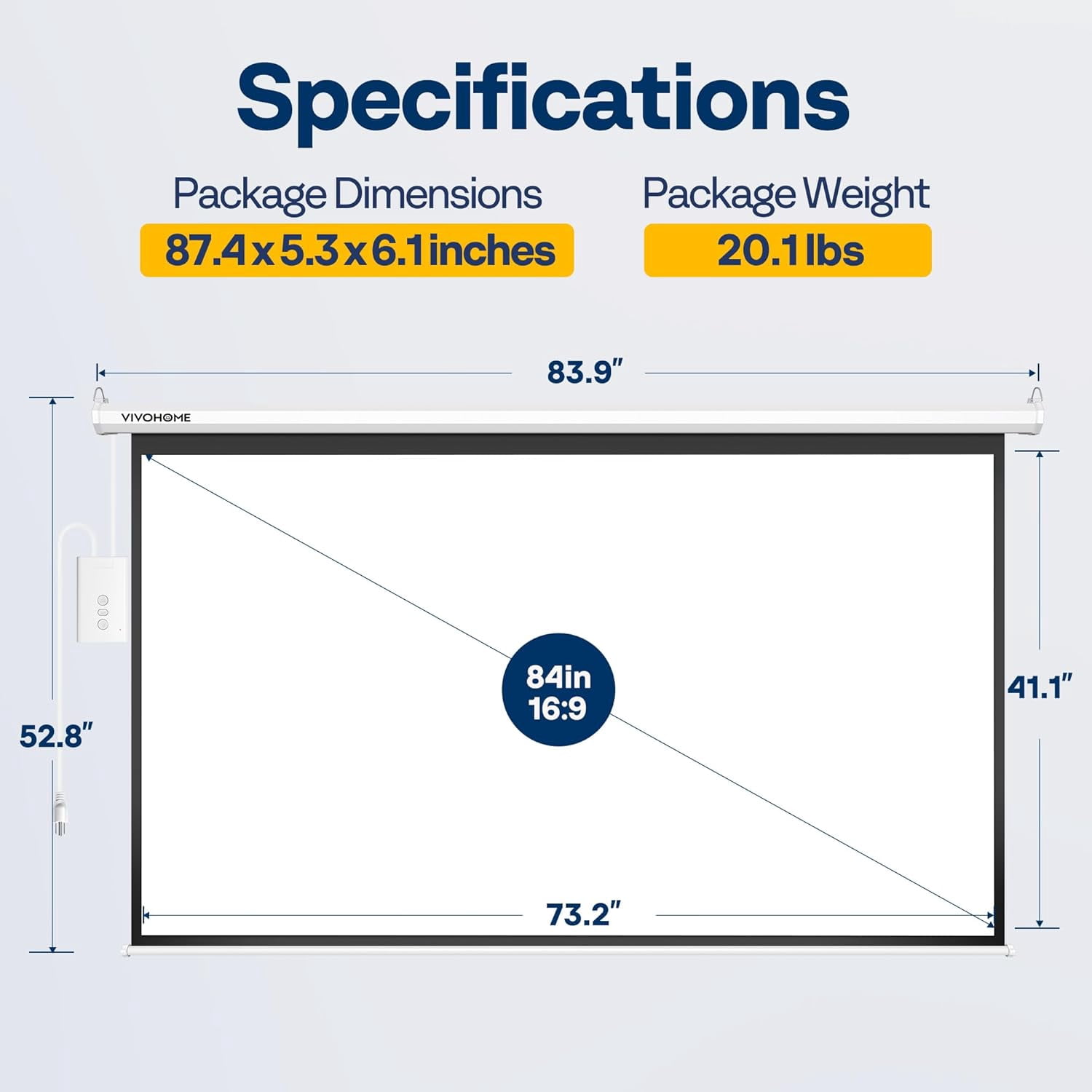 SPECSTAR Motorized Projector Screen with Remote, 16:9 84 Inch Auto Electric, HD 4K Movie Screen for Home Theater, Cinema, Office (73 (Off White).