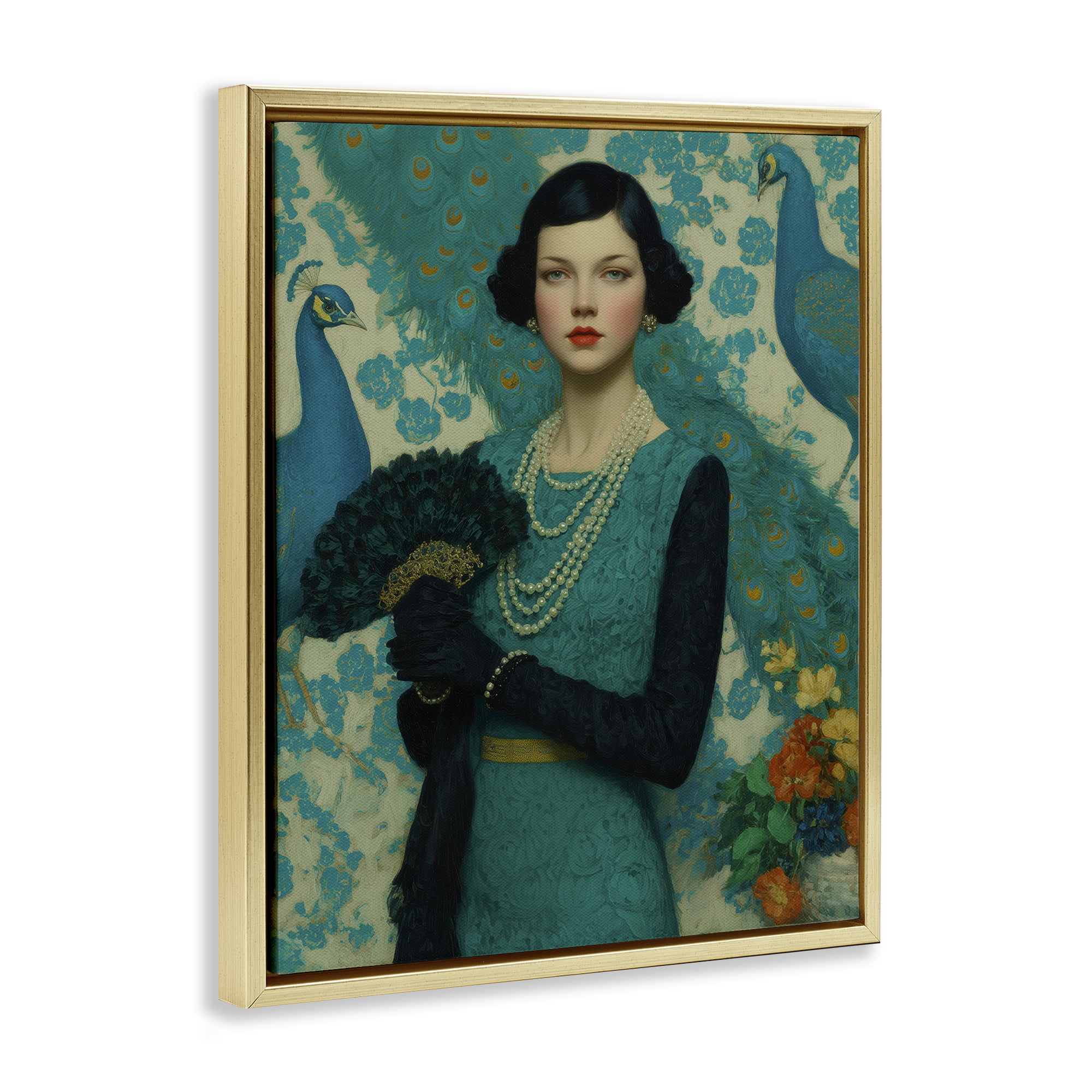 Stupell Industries Vintage Peacock Poise Gold Framed Floater Canvas Wall Art, design by A Barefoot Stylist