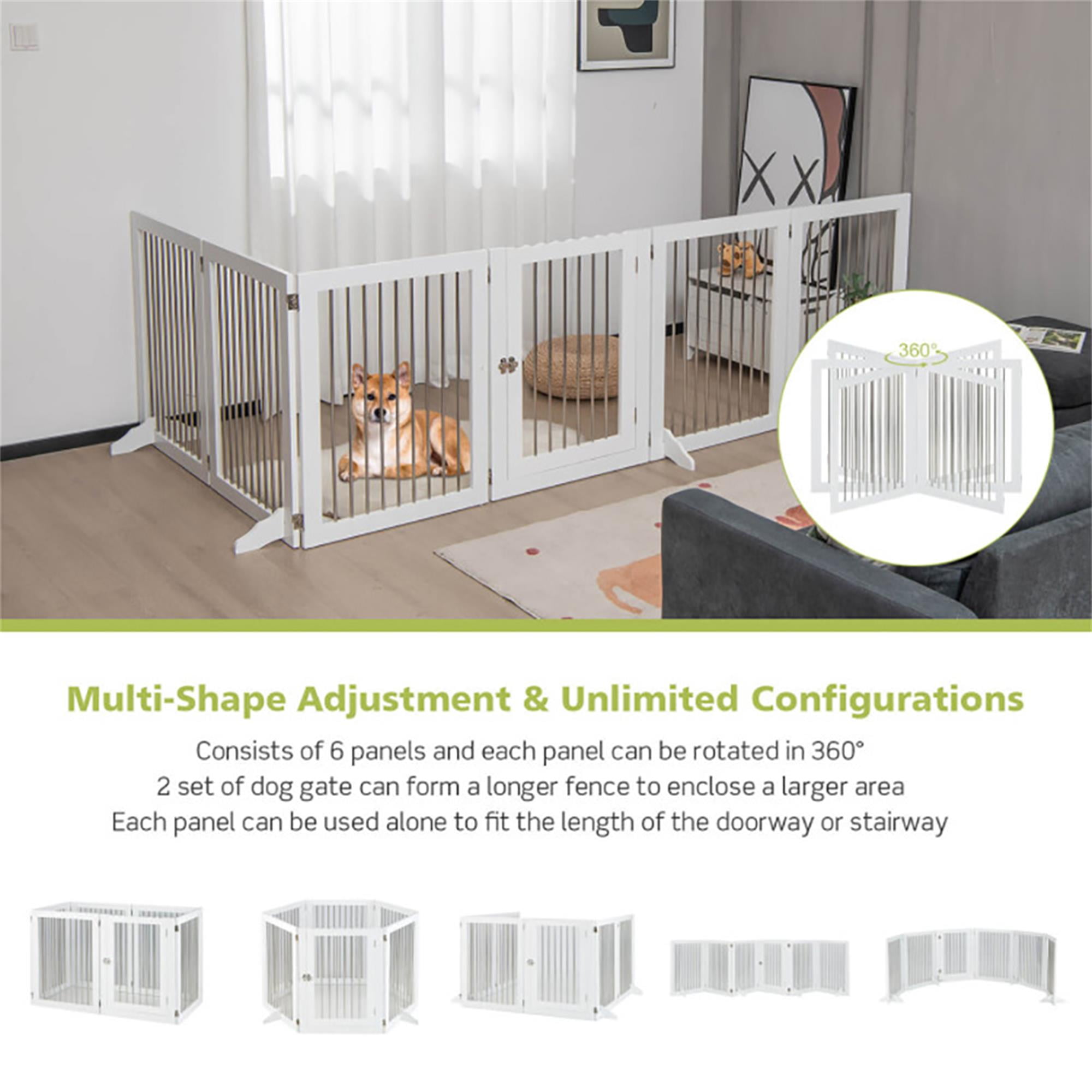Pefilos 144" Folding Pet Gate with 4pcs Support, Wood 6-Panel Dog Gate for Stairs, Freestanding Pet Playpen Puppy Safety Fence, White