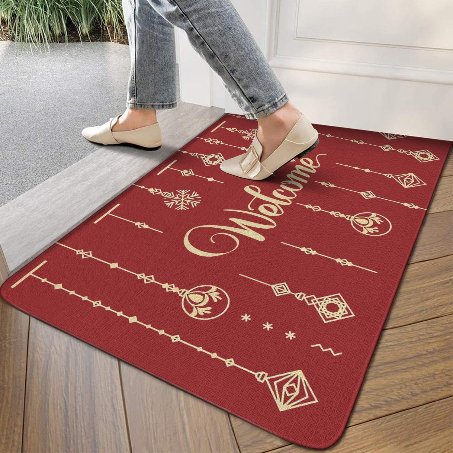 Invuni Christmas Welcome Door Mat Indoor & Outdoor Front Entrance Doormat Linen Rug Heavy Rubber Backing for Non Slip Home Decor, 30" X 17"