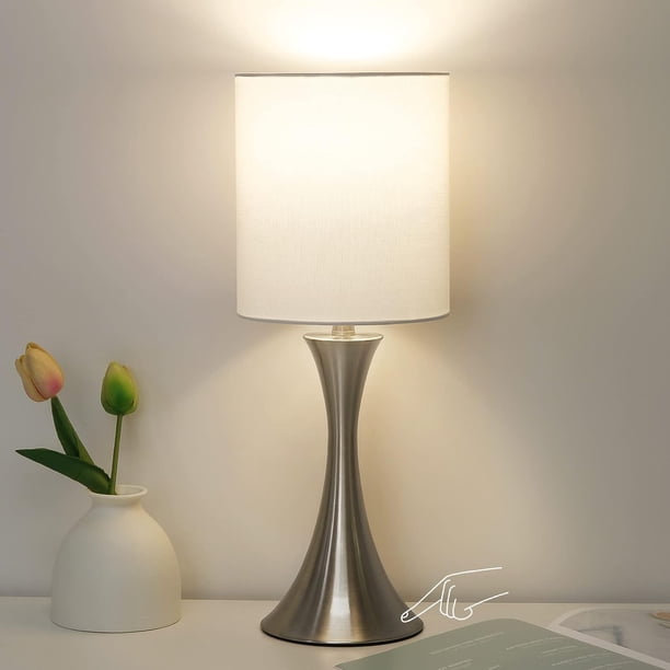 Lámpara de mesa con táctil de 3 vías, lámpara de mesita de noche regulable con base de metal, moderna lámpara de mesita de noche elegante con pantalla gris, lámpara de mesa auxiliar simple