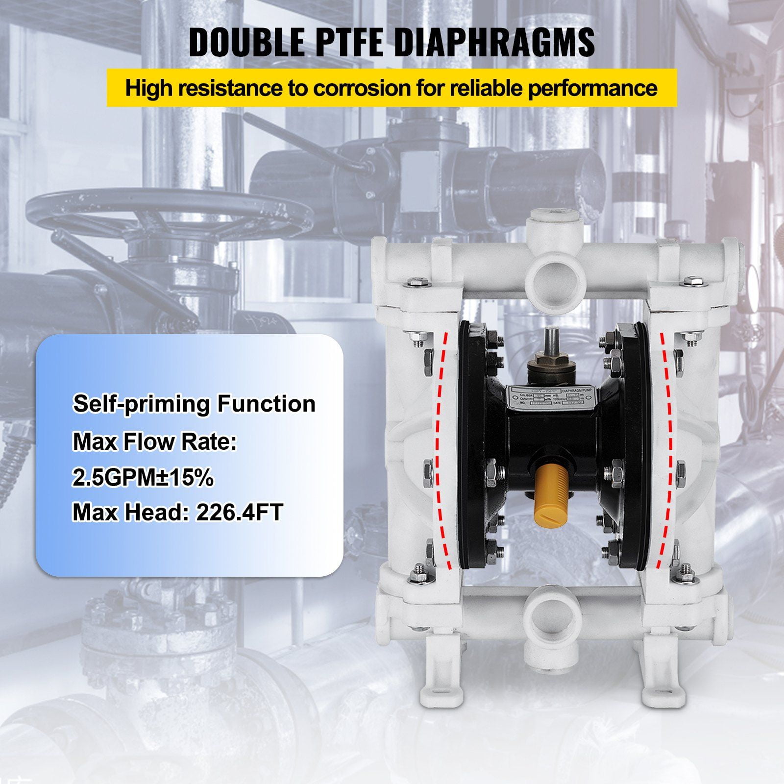PTFE Diaphragm Pneumatic Pump, 1/2 Inch Inlet & Outlet, Polypropylene Body, 2.5 GPM Flow, 80 PSI, for Diesel, Oil & Low Viscosity Fluid Transfer