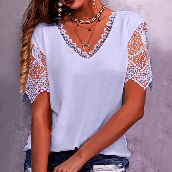 UANWENN Women's Loose V Neck T Shirt Shirt with Lace Stitching Clothes Hide Tummy Workout Pack Neck Tee Shirt Casual Women's Tops Short Sleeve Shirts Women Snow Long Sleeve Shirts Women Womens Medium