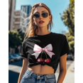 thumbnail image 4 of T Shirts for Women Short Sleeve Cotton Crewneck T-Shirt, Cherry with Pink Bow Tee Tops Casual Basic T-Shirts, XS-5XL Black L, 4 of 7