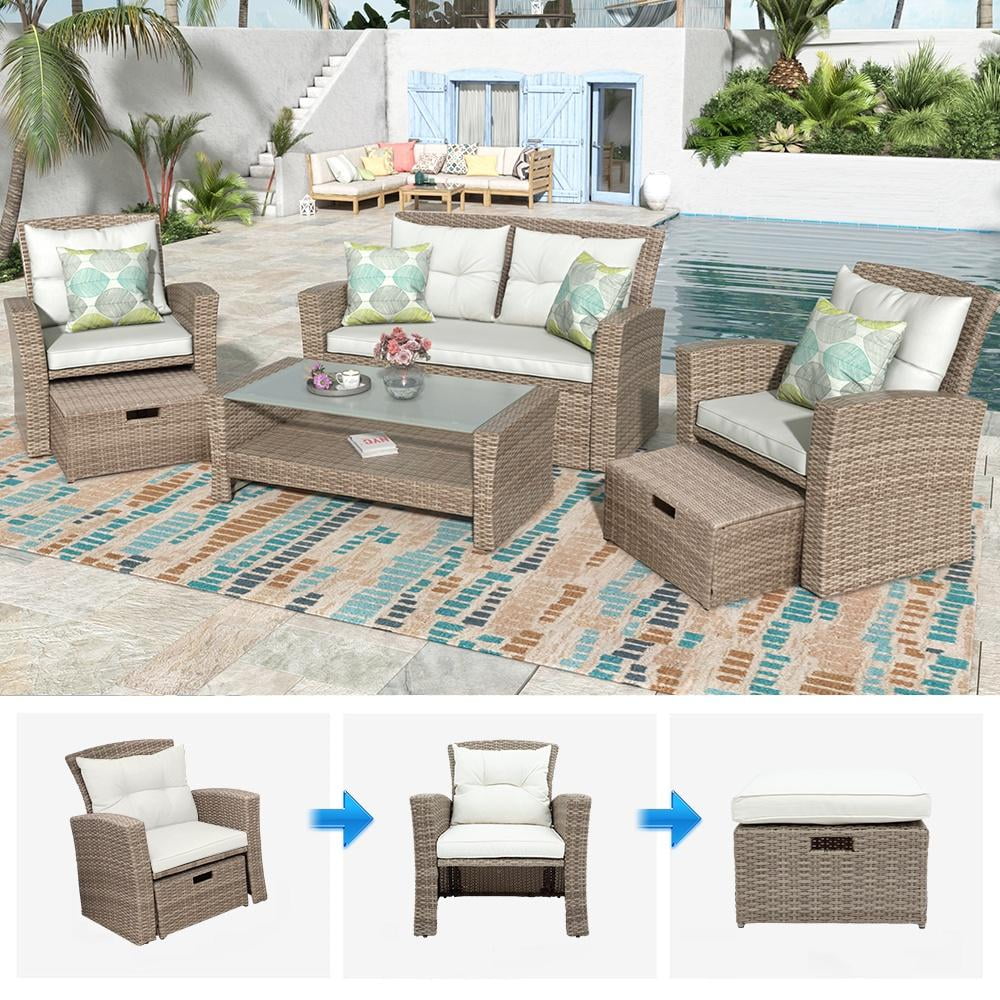 SEGMART 6 Piece Outdoor Patio Furniture Sets, All-Weather Rattan Conversation Set with Ottoman & Cushions, Outdoor Sectional Wicker Set for Backyard, Deck, Poolside, Beige