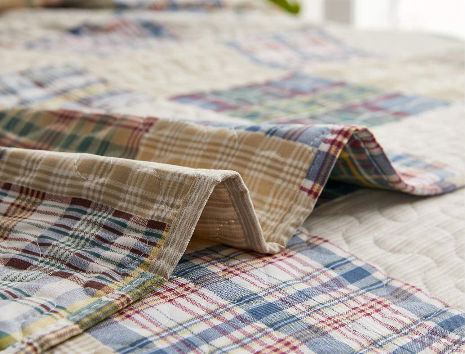 Jessy Home Beige Plaid Quilt Full/Queen Patchwork Bedding Microfiber Bedspread Coverlet