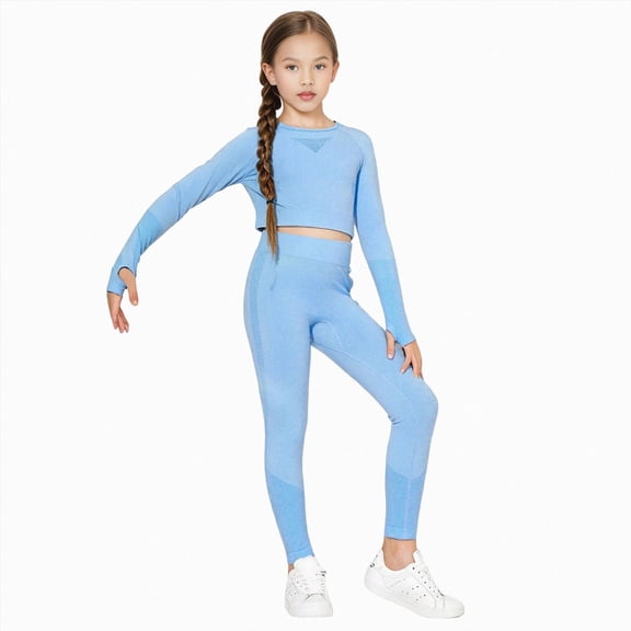 Hessimy Girls' Activewear Workout Set 2 Piece Athletic Sets Sleeveless Mesh Tank Tops and Capris Leggings Yoga Pants Sky Blue Blue